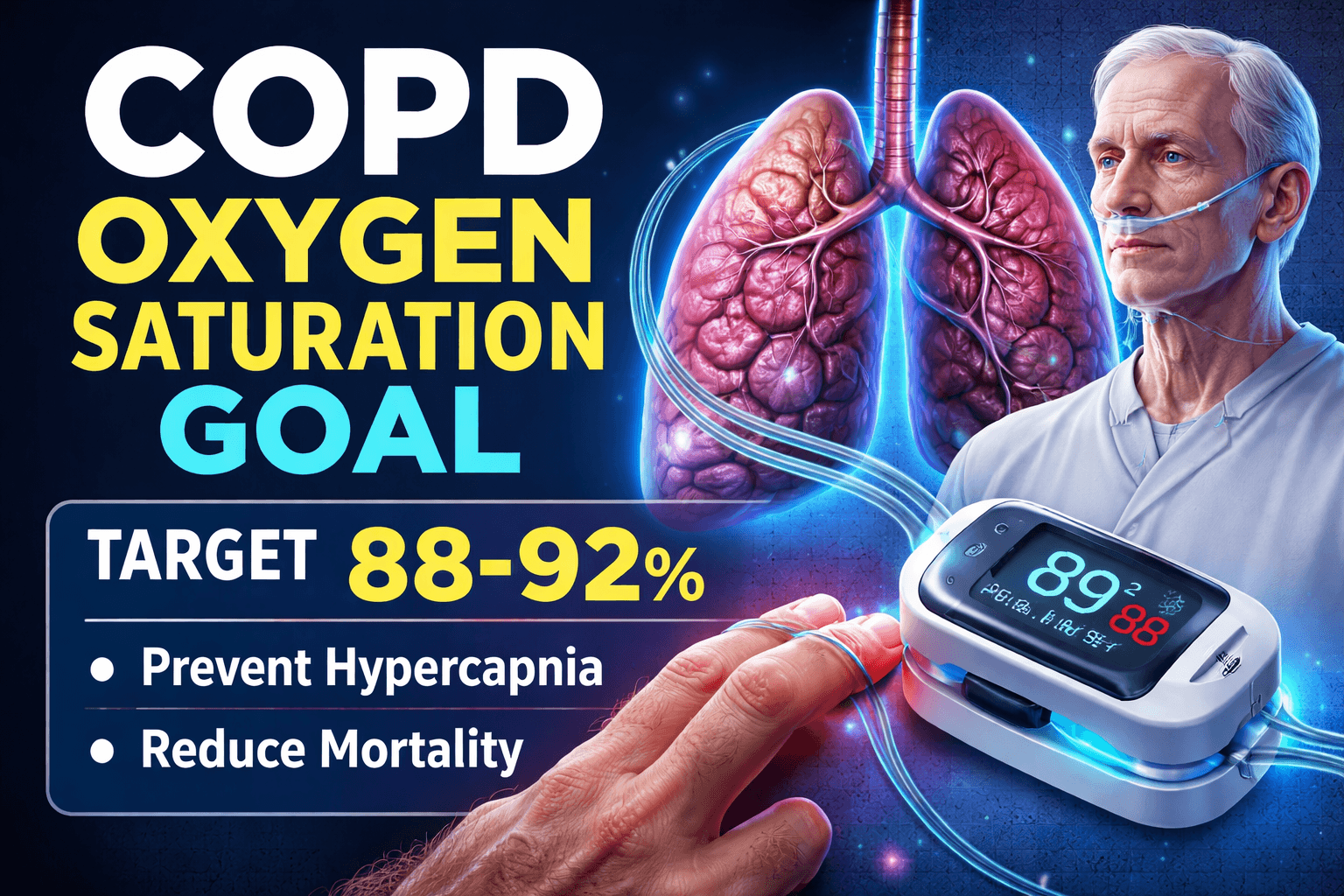 COPD oxygen saturation goal clinical graphic showing a target SpO2 of 88 to 92 percent